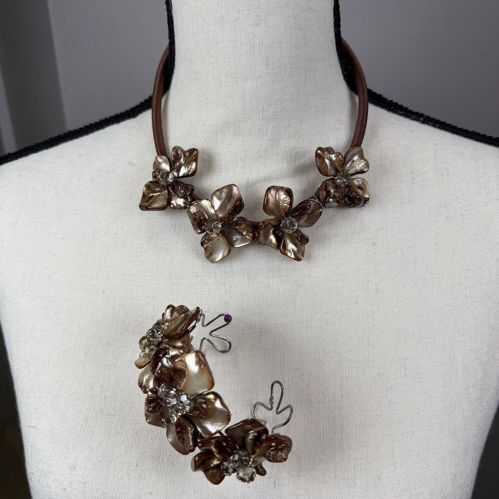 Handcrafted Mother-Of-Pearl Carved Shell Floral Necklace and Cuff Bracelet Set